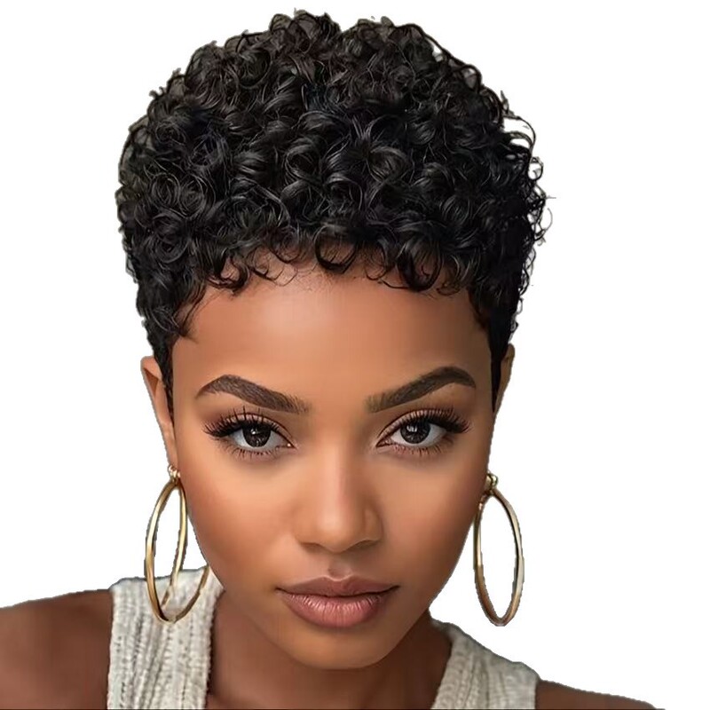 アフリカのかつら女性のための小さな巻き毛ヘッドギア黒ショートカーリーヘア偽ヘッドギアかつらローズネット高温シルクかつら|undefined