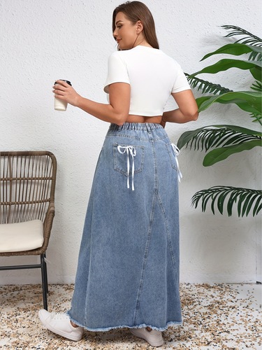 Plus Size Casual Bow Lace Denim Skirt With Fur Edge