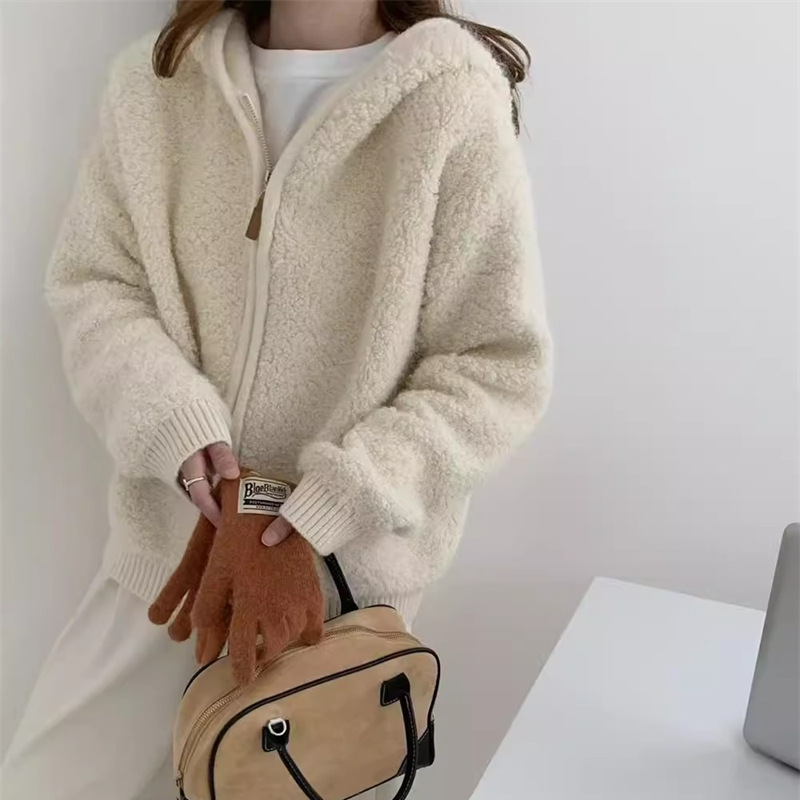 慵懒风纯色连帽拉链毛衣外套女秋冬季厚实圈圈纱宽松软糯针织开衫