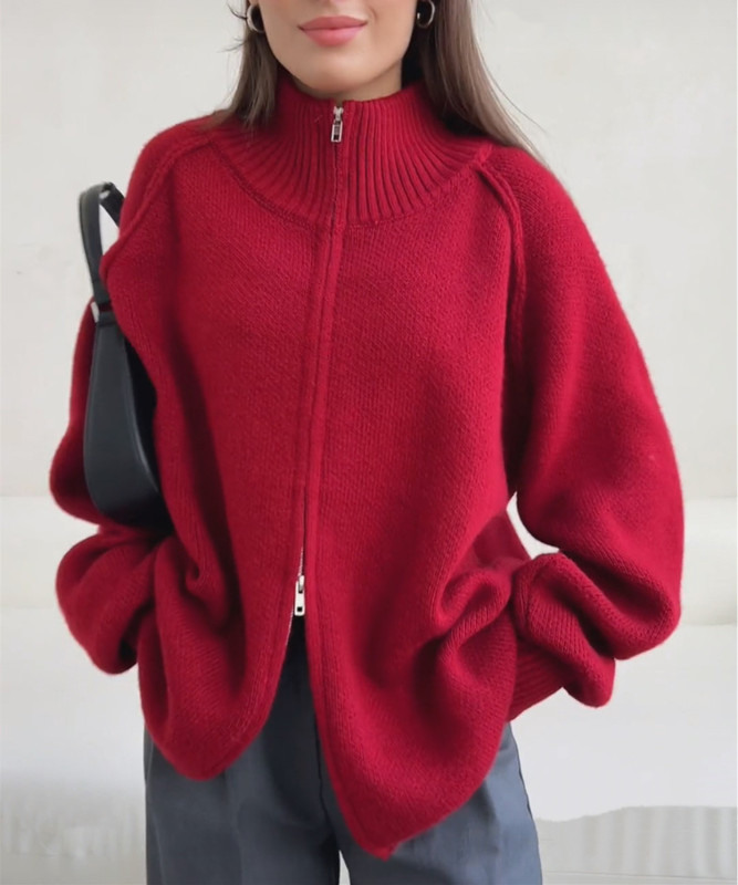 外贸跨境毛衣外套女2025秋冬新款欧美纯色立领拉链针织开衫上衣潮|undefined