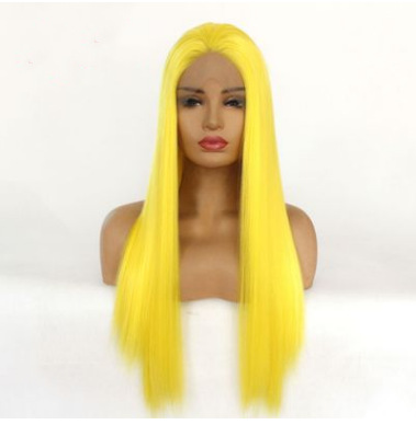 Peluca de comercio exterior, casco de encaje delantero de fibra química europea y americana, corte medio amarillo, fabricante de cabello largo y liso LW0121