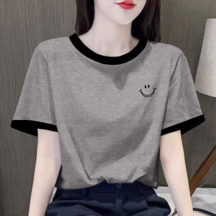 2024 New Summer Style Splicing Contrasting Color Pure Cotton Short-Sleeved T-Shirt for Women, Versatile Loose Age-Reducing Round Neck Top and Trendy T-Shirt