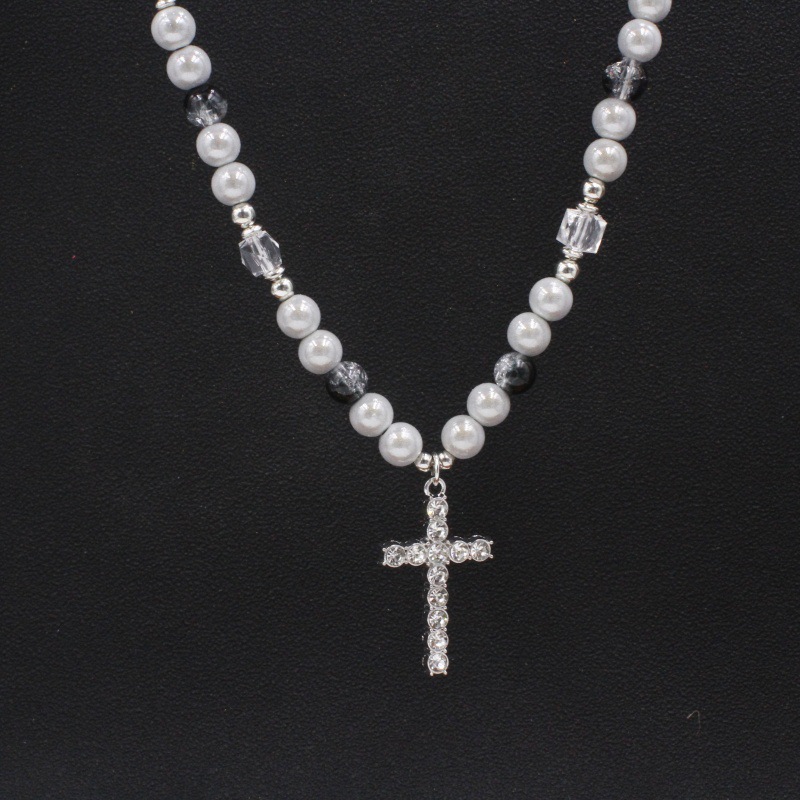 Halskette aus Titanstahl mit reflektierenden Perlen und Kreuzmuster im Schlüsselbein-Stil, Herren- und Damen-Pulloverkette im Hip-Hop-Stil_voghion.com