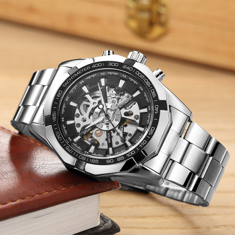 Reloj mecánico luminoso automático para hombre con manecillas redondas huecas y correa de acero auténtica._voghion.com