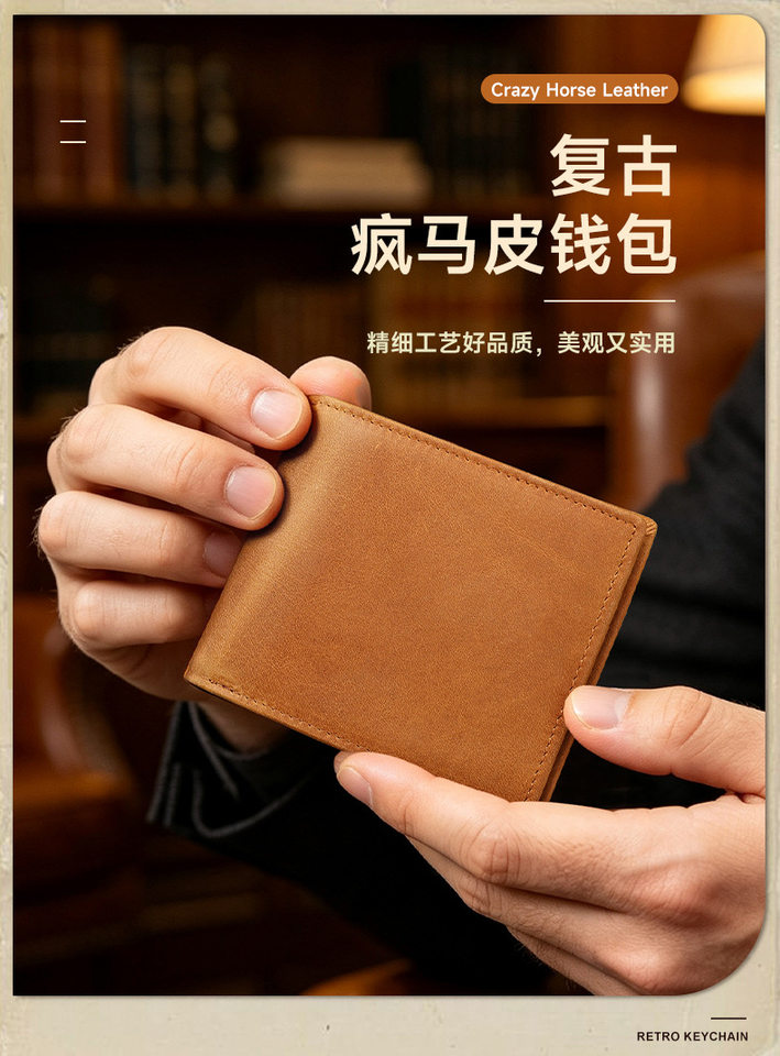 Ví nam da ngựa điên cao cấp nhiều ngăn đựng thẻ kiểu ví ngắn 11×1,5×9 cm — Màu nâu (MAMA) Tây Ban Nha, Màu nâu (MOM) tiếng Anh, Màu nâu (papa) Tây Ban Nha, Tiếng Anh màu nâu (DAD) chi tiết 8