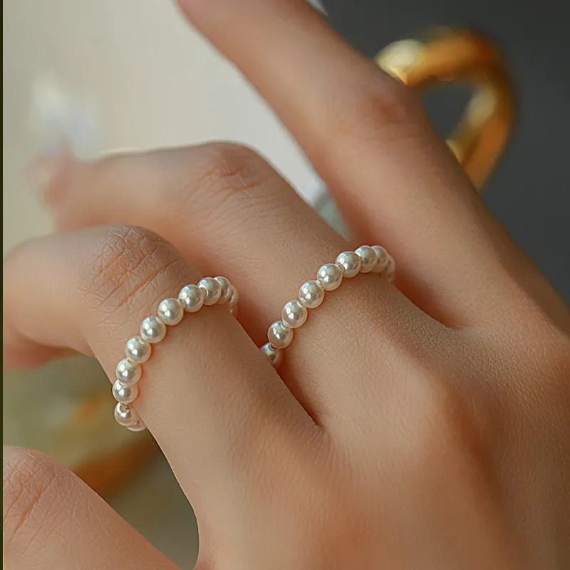 Pearl ring women's niche high-end light luxury simple retro ring ins cool style handmade beaded tail ring jewelry_voghion.com