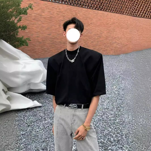 Men's Casual Short Sleeve T-Shirt, Trendy Brand Summer Loose 5-Button Sleeve, 2024 New Arrival, Internet Famous, High-Quality Shoulder Pad Style