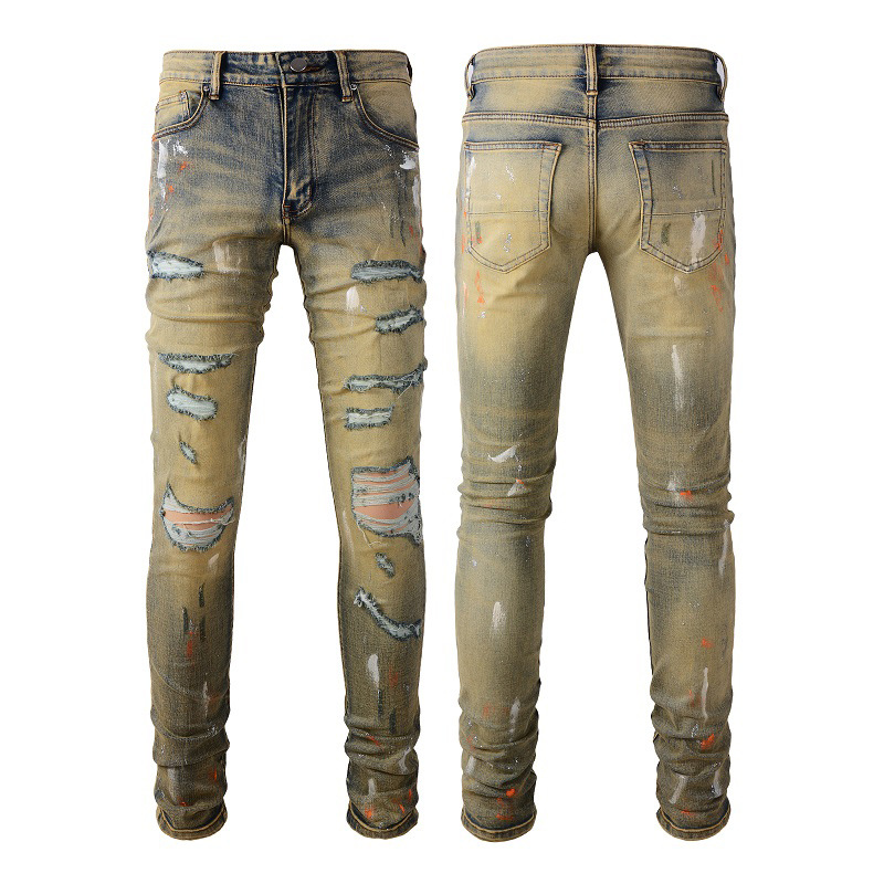 Men's Clothing New Men's High Street Jeans Men's Ink Splash Graffiti Trendy Brand Slim Fit High end Ripped Skinny Jeans_voghion.com