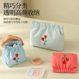 2025新款刺绣花帆布朵化妆包便携外出多功能马龙撞色口红化妆纳高