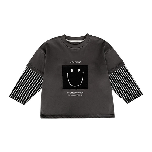 AOAOKIDS Children's 2024 Spring Korean Style Baby Tops Smiling Face Patch Print Fake Two Boys T-Shirts Trendy