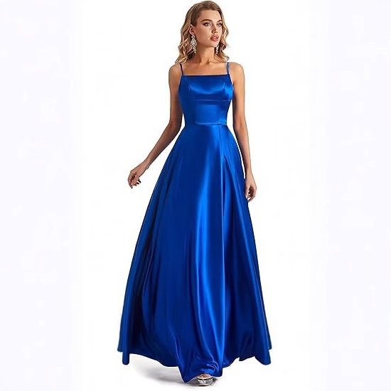 Cross-Border Satin Evening Dress for Women New Thin Suspender Long Skirt Women's Amazon Banquet Evening Dress Side Slit Long Skirt