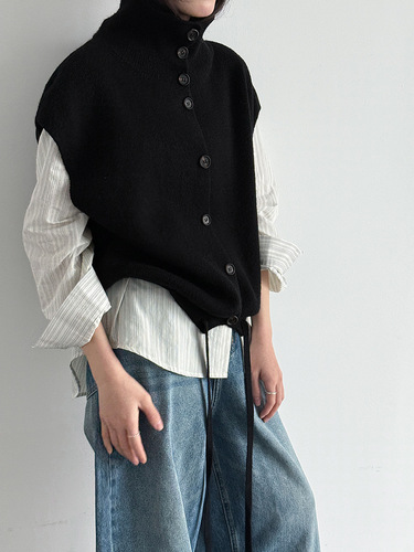 Luxi Korean stacked high-necked knitted vest for women 2026 spring drawstring waist all-match sweater vest ss987