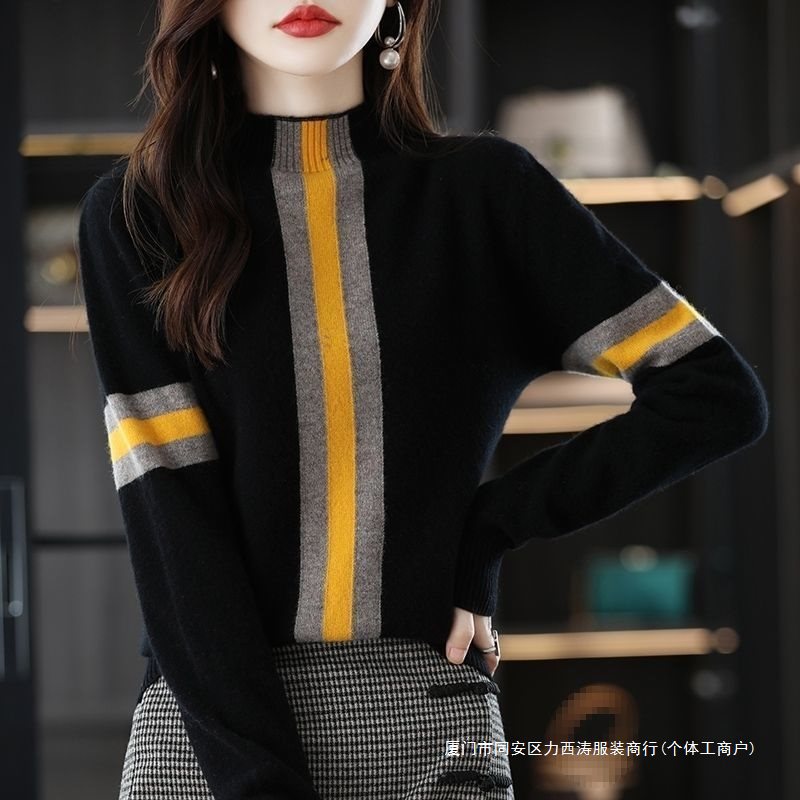 Autumn and Winter New Half Turtleneck Bottoming Knitwear Women's Long-Sleeved Pullover Color Matching Korean Style Loose Versatile Knitwear Knitwear