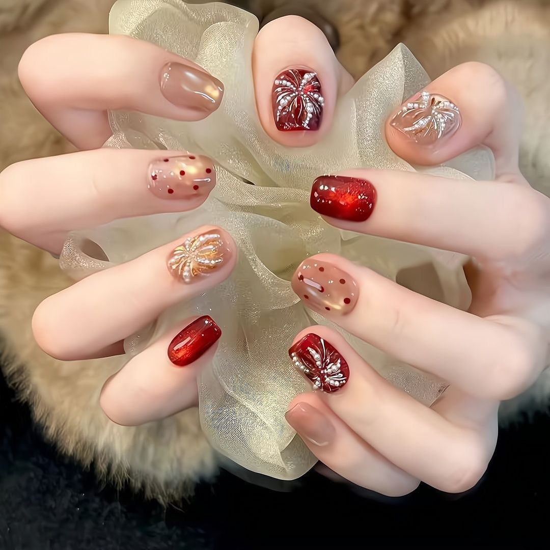 Uñas falsas deslizadas desmontables de uñas de ojo de gato 2026 nuevos fuegos artificiales rojos uñas falsas