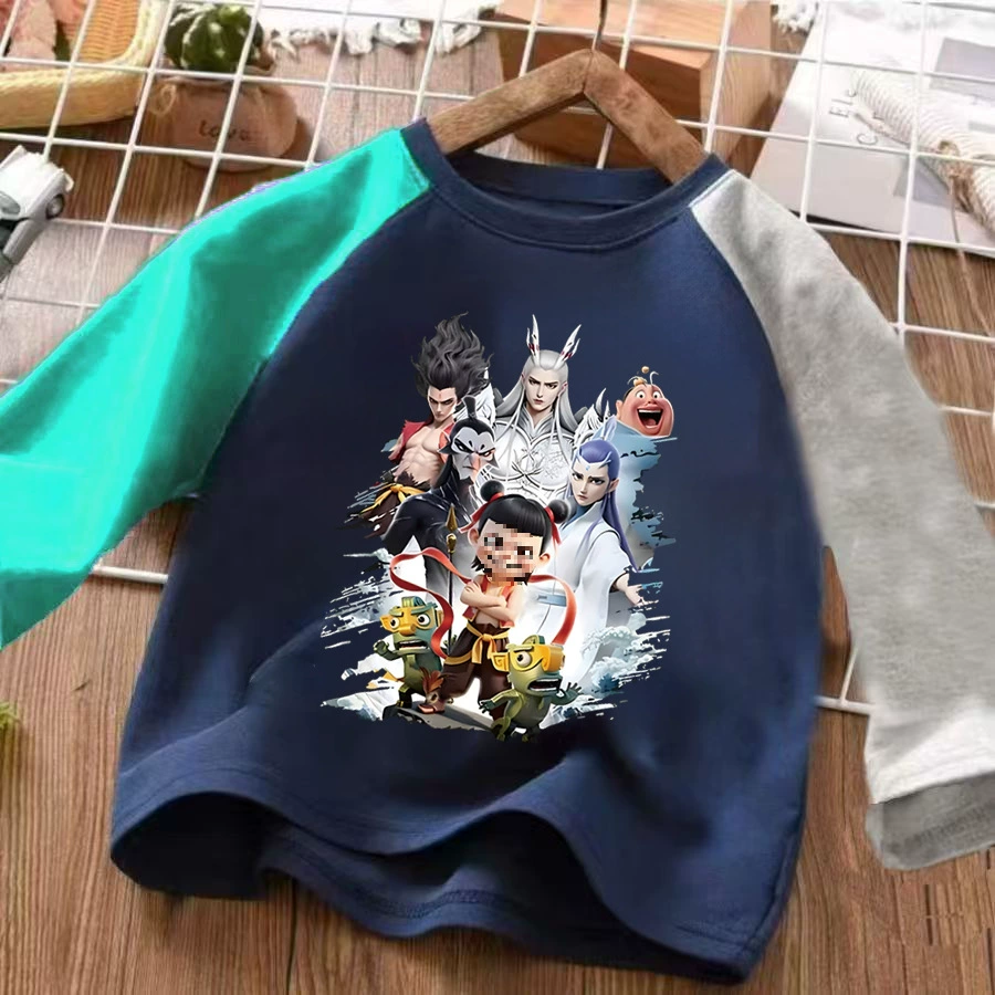 Детская футболка из чистого хлопка Nezha Magic Child Chaos in the Sea для мальчиков и девочек с длинными рукавами Ao Bing, двумерный красивый спортивный топ