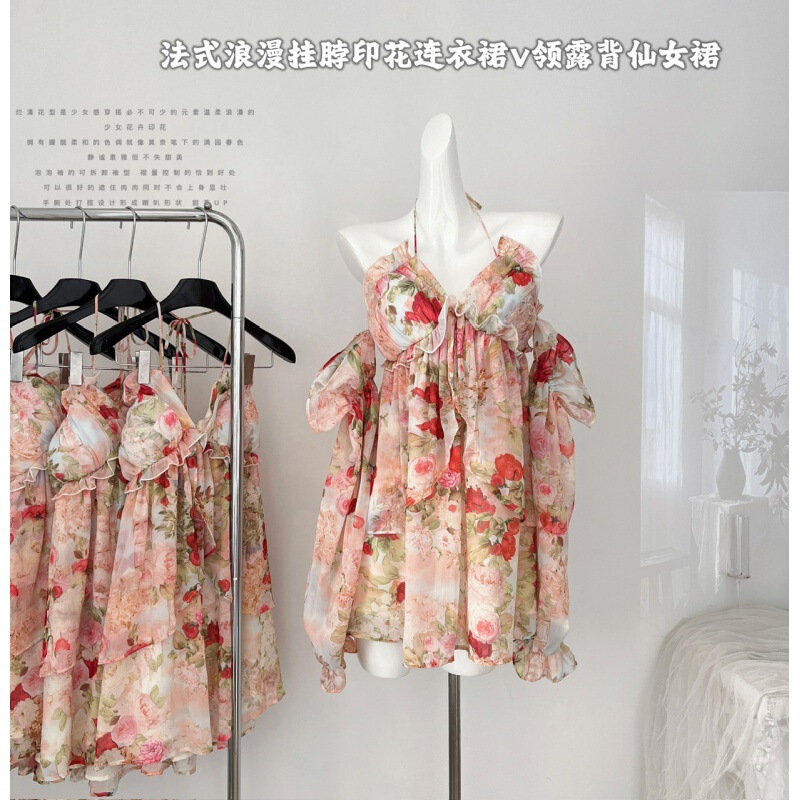 Real in stock Neck Printed dress Holiday Dress