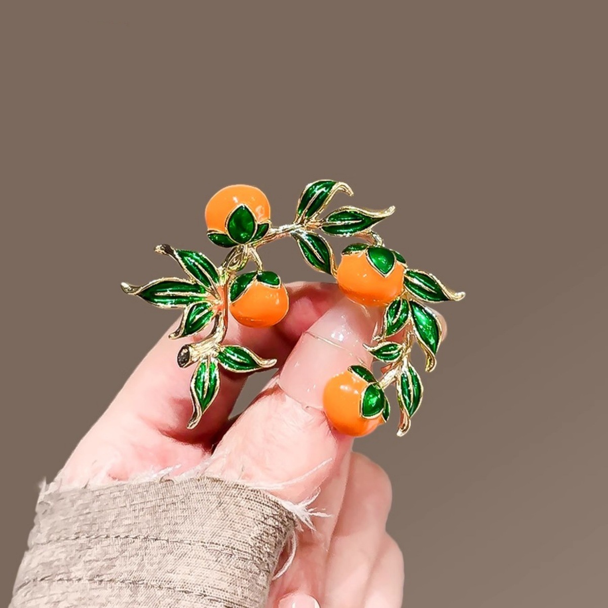 New Persimmon Ruyi Brooch Pastoral Style Oil Dropping Enamel Persimmon Corsage Women's Fashion Creative Clothing National Style Pin