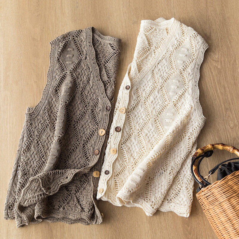 Linen and Paper Yarn~Summer Thin Hollow-Out Knitted Cardigan Sleeveless V-Neck Vest Top for Women, Vintage Crochet Vest Linen and Paper Yarn~Summer Thin Hollow-Out Knitted Cardigan Sleeveless V-Neck Vest Top for Women, Vintage Crochet Vest
