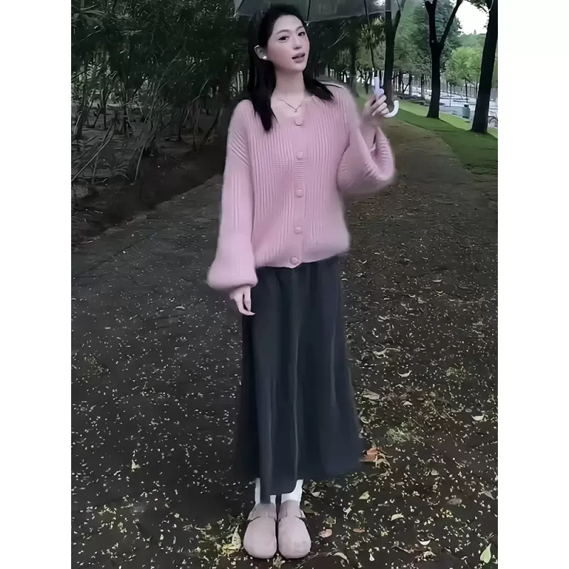2025超火一整套大方得体轻奢高级减龄洋气粉色针织毛衣两件套装裙