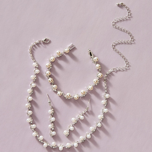 Korean fashion bridal accessories silver diamond necklace earrings bracelet three-piece set wedding jewelry N5567