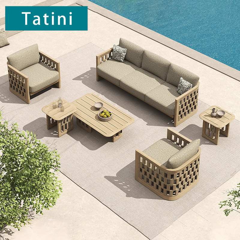 Sofá al aire libre patio villa jardín al aire libre impermeable protección solar combinación de madera maciza balcón simple ocio muebles de caña