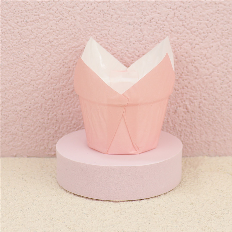 Venta al por mayor Tulip Pink Gradient periódico muffin cake taza de papel resistente a altas temperaturas a prueba de aceite recubierto de encaje muffin titular de papel