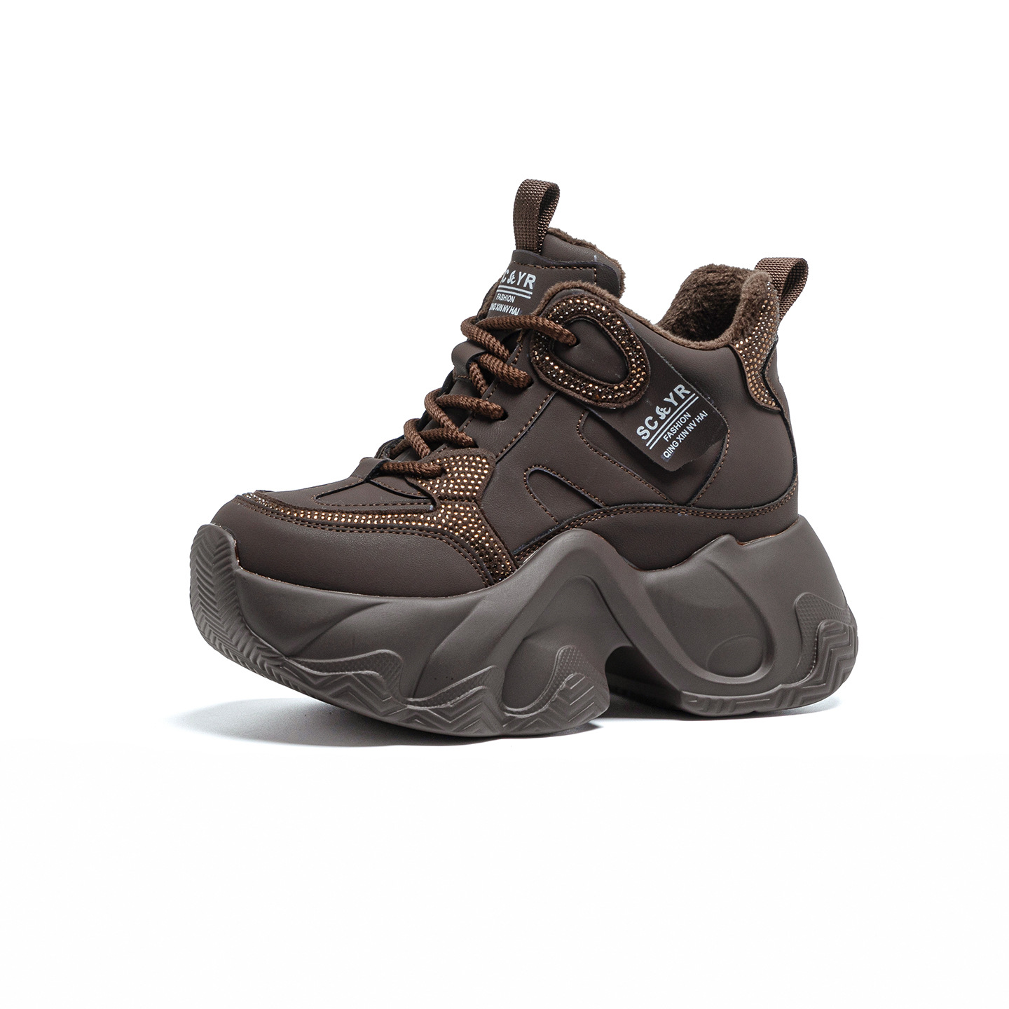 Giày sneaker nữ đế dày chunky tăng chiều cao ẩn dây buộc thời trang — M2983 lớp lót đơn màu nâu, M2983-1 plus nâu nhung, M2983-1 plus nhung xám, M2983 lớp lót đơn màu xám