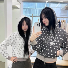现货~韩国潮牌小众秋冬波点ae字母拉链开衫卫衣外套帽衫女上衣