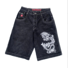 夏季国潮嘻哈龙纹印花牛仔短裤男士欧美时尚潮流阔腿情侣五分裤子