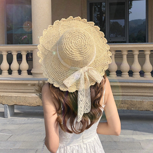 Ladies' Boho Chic Japanese Style Versatile Lace Strap Butterfly Knot Cap for Summer Outing Wide Brim Beach Sun Hat
