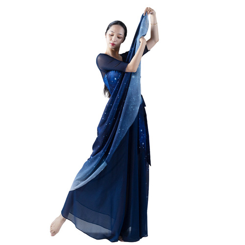  Summer Starry Sky Gradient Chiffon Dance Suit for Women Starry Blue Large Skirt Elegant Modern Dance Suit
