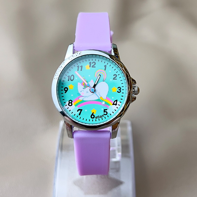Children's Watch Cartoon Unicorn Cat Rainbow Pattern Quartz Watch Color Boys Girls Quartz Silicone Watch Gift