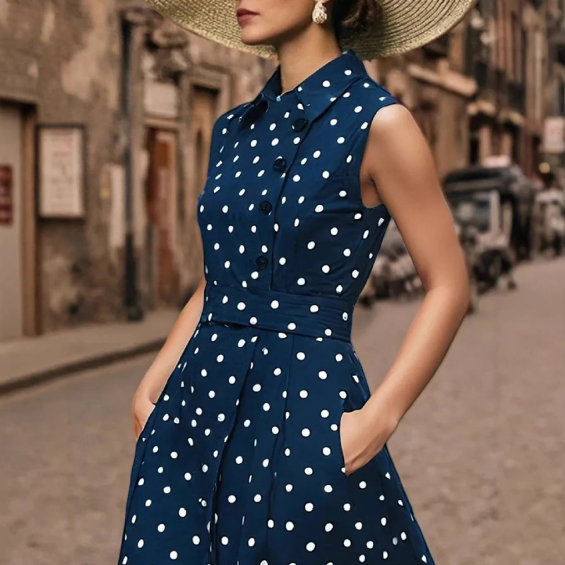 Cross-Border Amazon 2026 New European and American Style Lapel Sleeveless Single-Breasted Polka Dot Print Fashion Slimming Dress