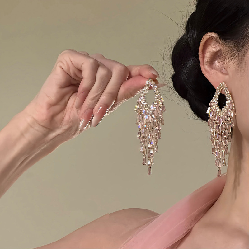 【Stars by the Ear】Super Sparkling Pink Crystal Tassel Earrings for Women, Elegant Dress Earrings with Unique Design 【Stars by the Ear】Super Sparkling Pink Crystal Tassel Earrings for Women, Elegant Dress Earrings with Unique Design