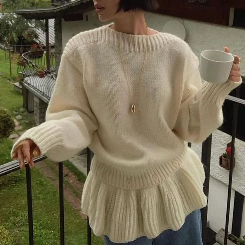 松弛感穿搭荷叶边毛衣女秋冬新款韩版宽松慵懒风小个子针织衫上衣