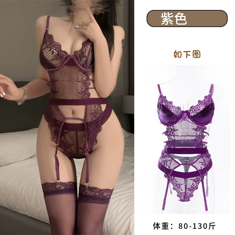 Комплект бюстье с кружевной поддержкой, бюстгальтер-лиф Purple Lace с подвязками и чулками, one size