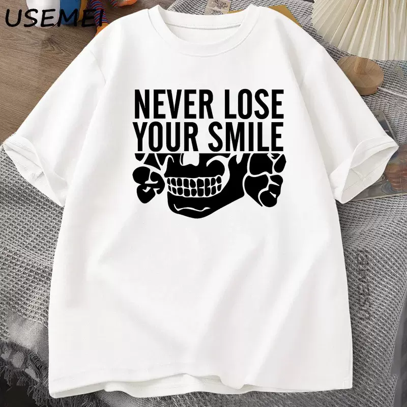never lose your smile 骷髅印花 涤纶T恤宽松休闲上衣 新款