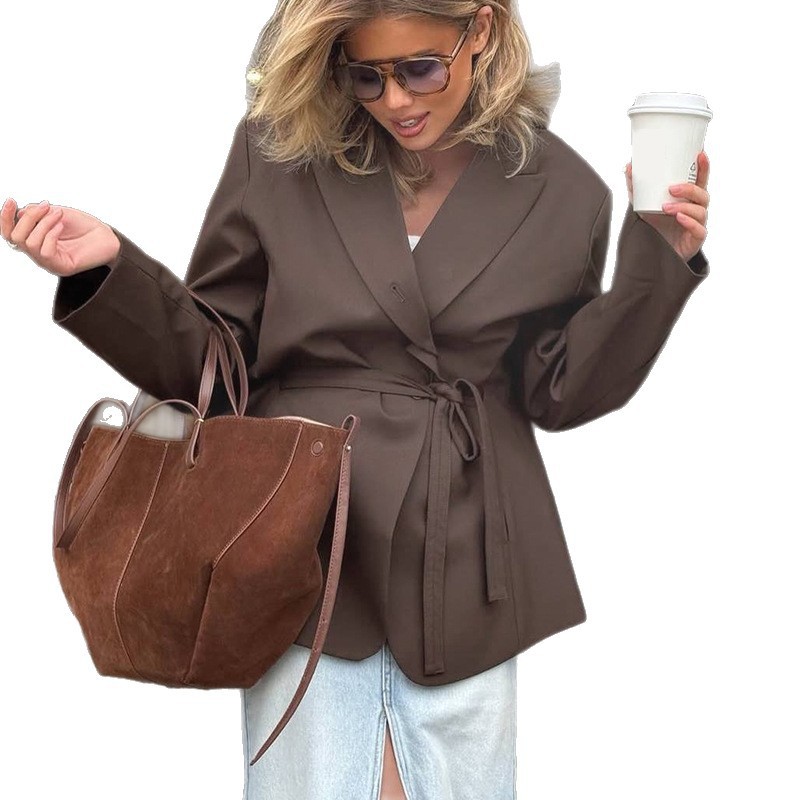 Women's Autumn Fashion Lace-Up Waist-Cinching Long-Sleeved Suit Jacket Casual Loose Top_ecoleips.com