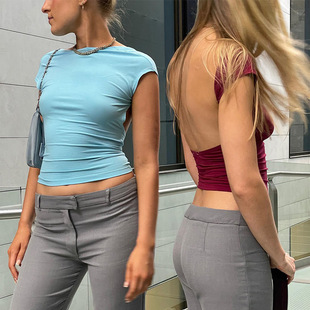 2023 summer hollowed-out halter top tight short-sleeved navel half. Collar Solid Color Hot Girl Sexy European and American Women's T-Shirt