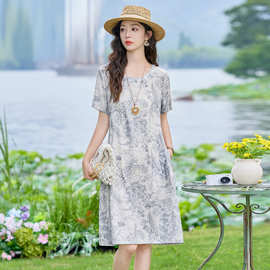 短袖洋装女新款2026时尚宽松印花今年流行超好看夏季绝美中长裙