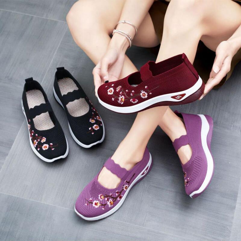 Women's Solid Color Knit sneaker, Plum Embroidered Lightweight Soft Sole Walking Shoes, Low Breathable Casual Shoes Women's Solid Color Knit sneaker, Plum Embroidered Lightweight Soft Sole Walking Shoes, Low Breathable Casual Shoes