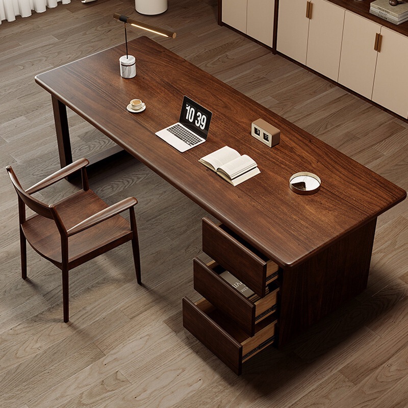 Nordic Style Black Walnut Color Solid Wood Desk for Home Study with Drawer, Simple Office Study Desk Nordic Style Black Walnut Color Solid Wood Desk for Home Study with Drawer, Simple Office Study Desk
