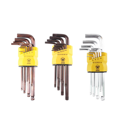 Hexagonal wrench S2 nine-piece ball type hardened ball head vanadium steel plated bronze L-shaped plum blossom wrench set
