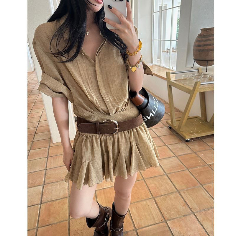 Women's Shirt Dress Summer New Fake Two-Piece Spliced Short-Sleeved Shirt Pleated Skirt Commuting Style