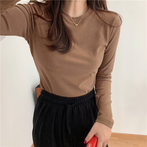 Autumn/Winter Women's Long-Sleeve T-Shirt Half-Neck Fleece Women's Top Double-Sided Napped Inner Layer Base Shirt Warm Keeping Warm Slimming