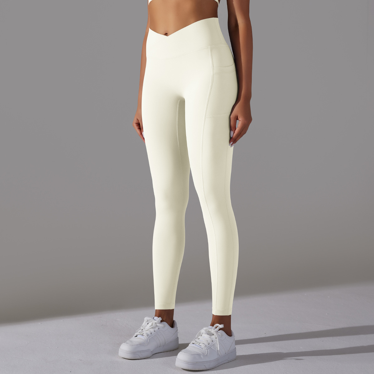 Abbigliamento da donna Pantaloni da yoga con tasca sui fianchi incrociati in nylon double face a vita alta, pantaloni da fitness da corsa sportivi_voghion.com