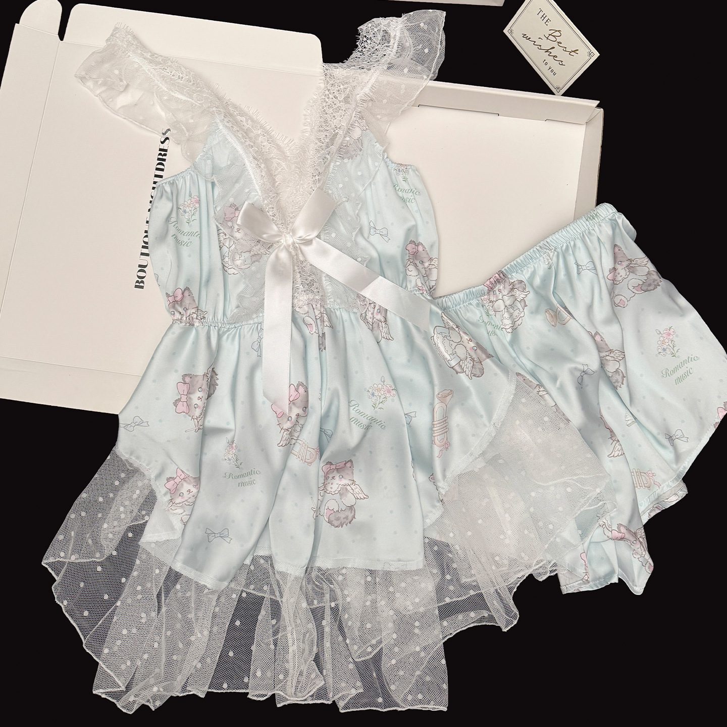 Cross-Border Ice Silk Pure Lust Sexy Nightgown Sweet Cat Print Lace Deep V Suspender Pajamas Dropshipping