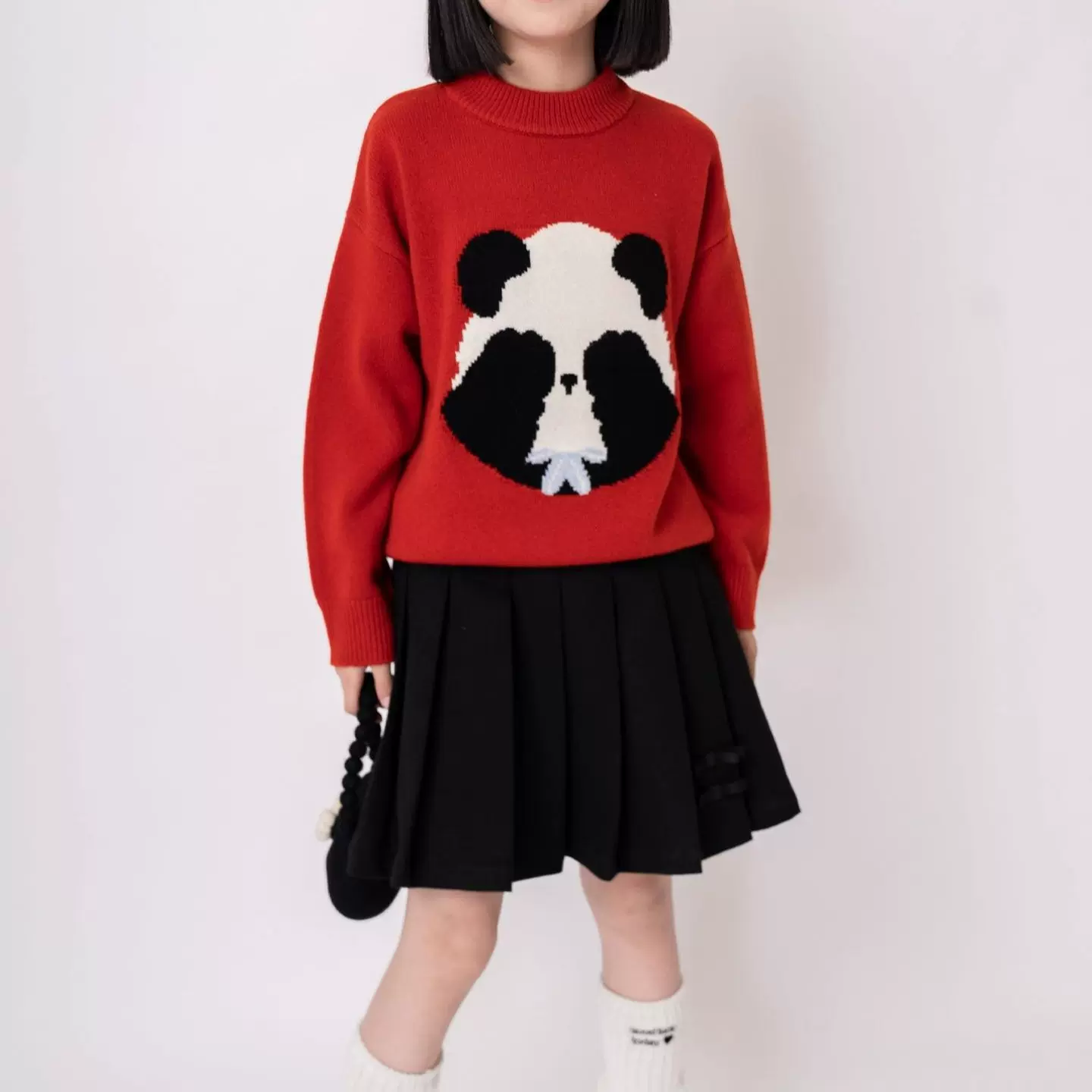 100%纯羊毛新年红熊猫图案儿童毛衣女秋冬新款保暖加厚针织衫定制