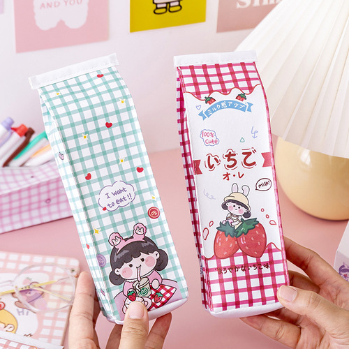 Creative Cartoon Milk Carton Pencil Bag Small Fresh Plaid Girls Large Capacity PU Waterproof Storage Bag Student Pencil Case