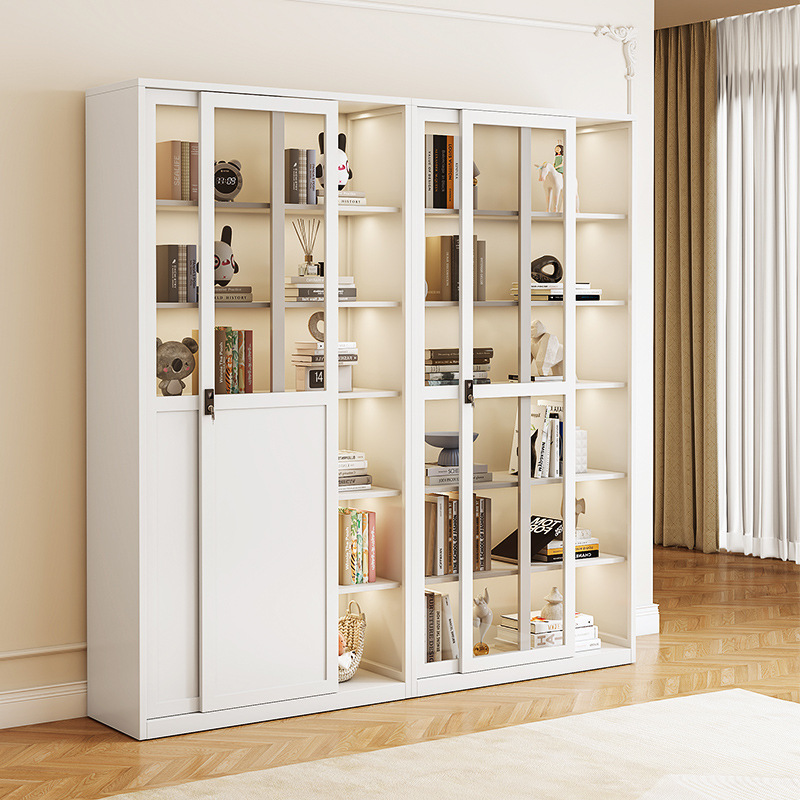 Sliding Door Glass Bookcase Home Living Room Dust-Proof Display Cabinet Steel Floor-Standing Storage Multi-Layer Iron Bookshelf with Lock